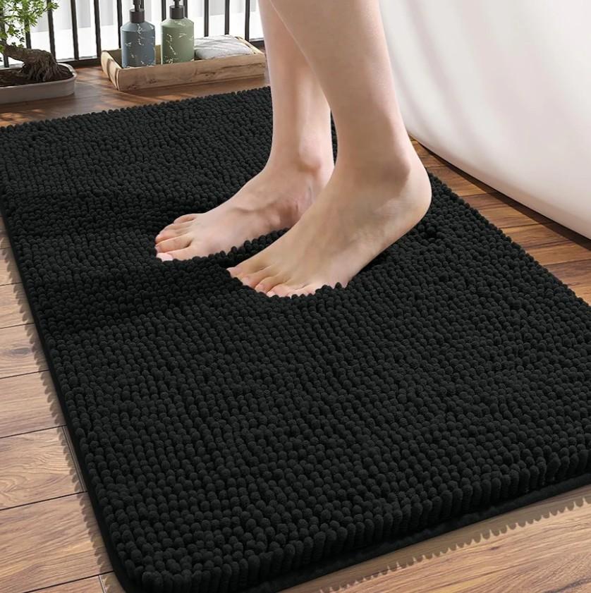 OLANLY Bathroom Rugs 34x21, Extra Soft Absorbent Chenille Bath Rugs, Rubber Backing Quick Dry, Machine Washable Bath Mats for Bathroom Floor, Tub and Shower, Home Decor Accessories, Black