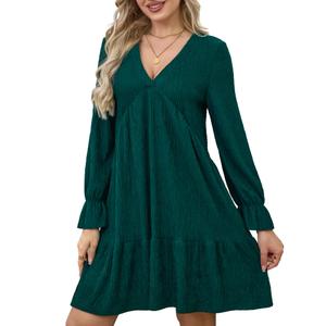 Women's Fall Long-Sleeve Mini Dress Elegant V-Neck with Ruffled Hem Wedding Guest Dresses Size XL