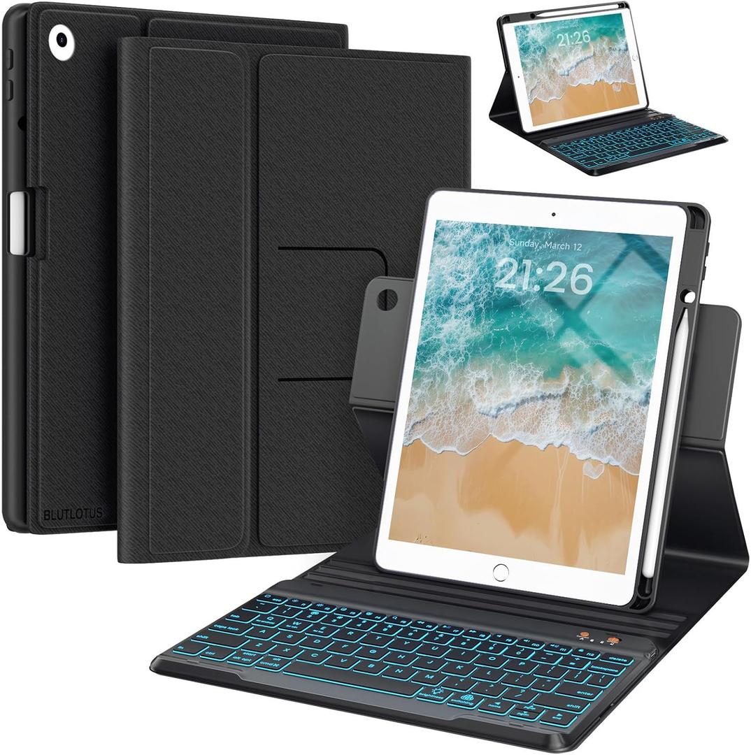 Keyboard Case for iPad 9.7 inch 5th 6th Generation,360 Rotatable iPad Air 2 Keyboard Case with Pencil Holder(2018/2017/2014),7 Color Backlit Removable Bluetooth Smart Folio Cover (Black)