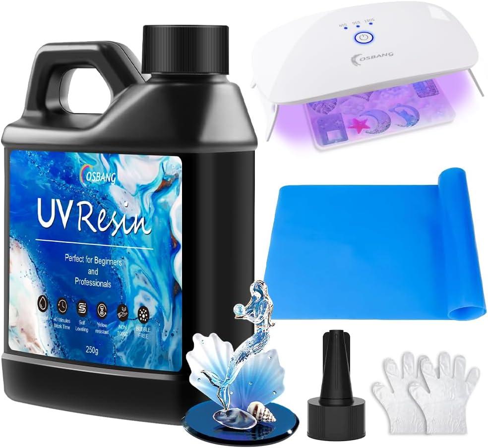 OSBANG UV Resin Kit with Light-250g, Clear Hard Type for Beginners and Professionals, UV Resin Kit for Jewelry Making, DIY Craft, Decor