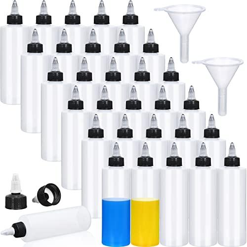 30 Pcs 8.5 oz Boston Plastic Squeeze Bottles for Sauce, Empty Condiment Dispenser with Twist Cap and 2 Funnel Ideal for Ketchup, Dressings, BBQ, Crafts(8.5 oz,White and Black)