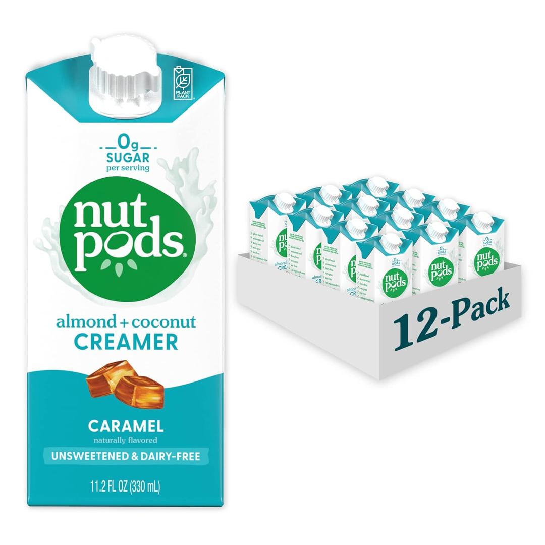 nutpods Caramel Coffee Creamer - Unsweetened Non Dairy Creamer Made from Almonds and Coconuts - Keto Creamer, Whole30, Gluten Free, Non-GMO, Vegan, Sugar Free, Kosher (12-Pack), Best Before 01 JUN 2026