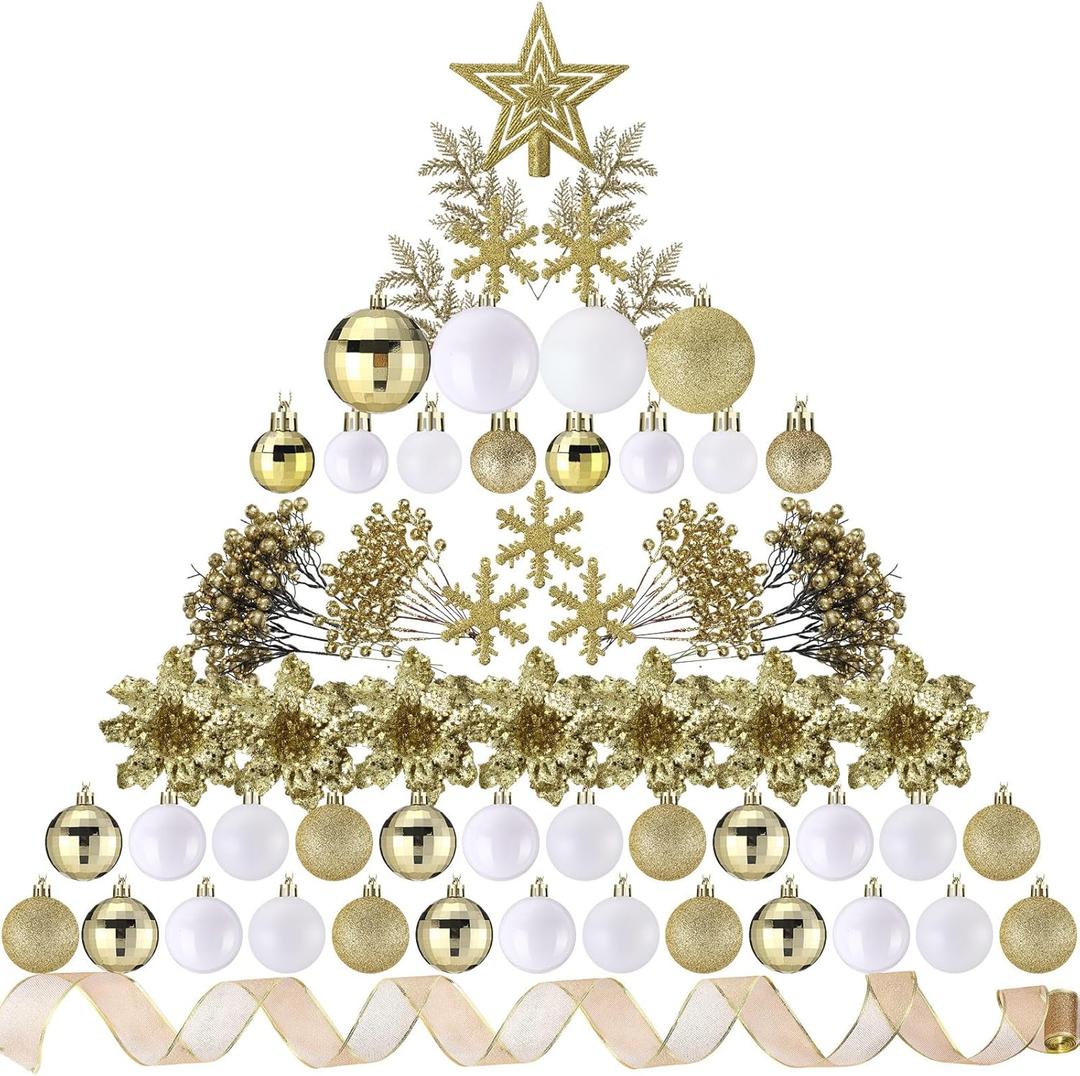 Sratte 94 Pcs Christmas Tree Decorations Set, Christmas Tree Ball Ornaments Glitter Poinsettia Flowers Decorations Glitter Berries Stems for Xmas Holiday Wedding(White, Gold)