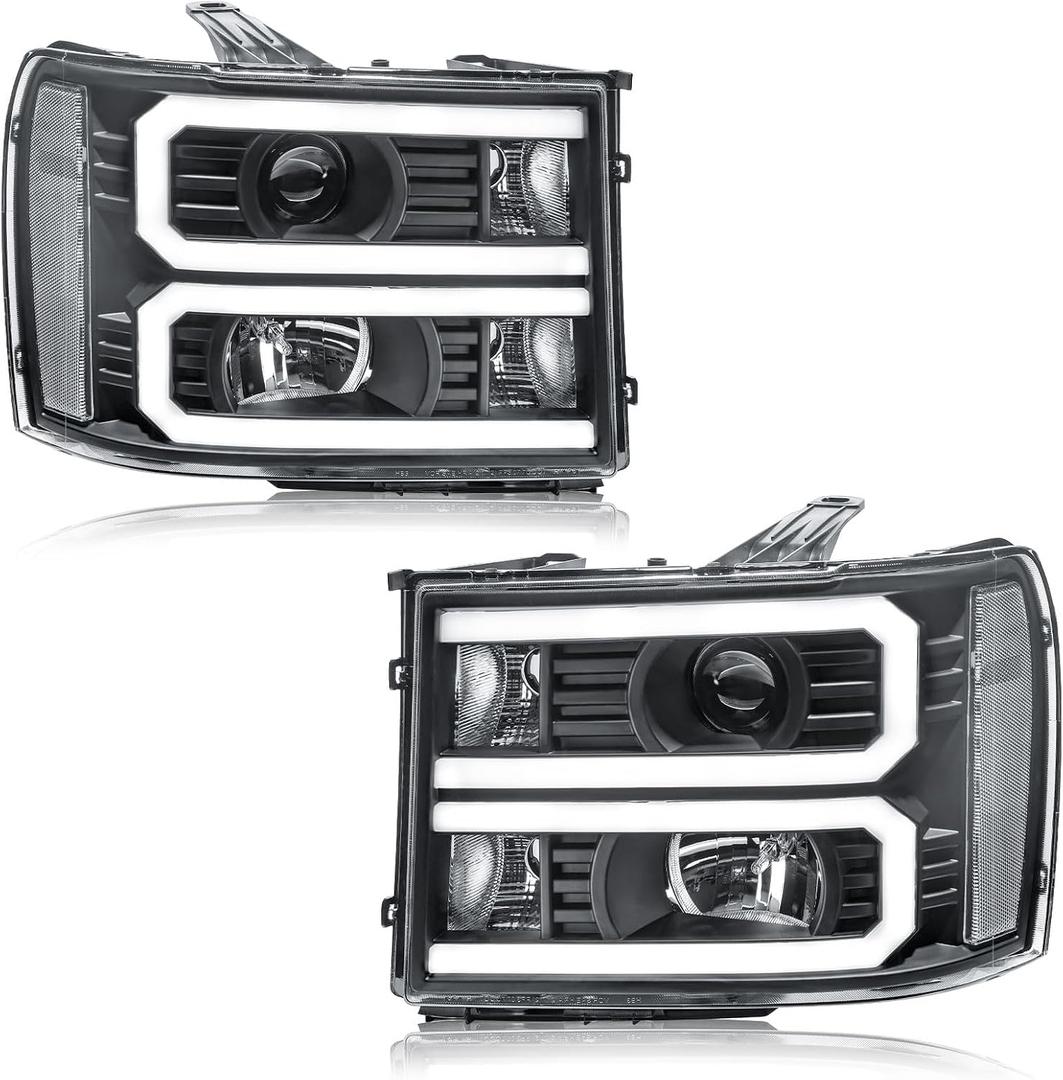 LED DRL Headlights for 2007-2013 GMC Sierra 1500 2500HD 3500HD No Classic Front Lights 2PC Replacements Front Left Right Side Headlamp Black Housing Clear Reflector 07-14