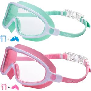Seago Swim Goggles 2 Pack Anti-Fog Anti-UV Wide View Swimming Goggles for Kids 3-14 (Light Green & Pink)