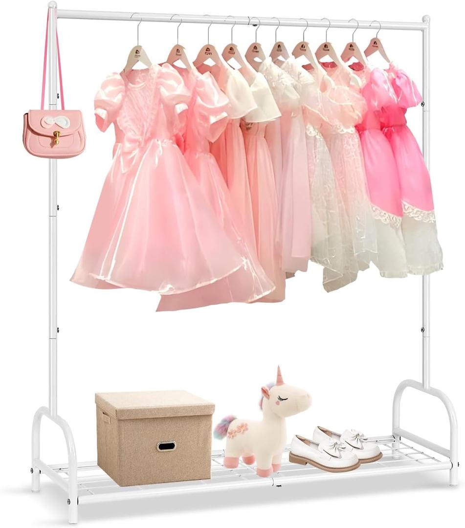 AUPSEN Kids Clothing Rack with Bottom Storage Shelf, Metal Toddler Dress Up Rack for Little Girls, Kids Dress Up Clothes Storage for Coats, Skirts, Dance CostumeWhite