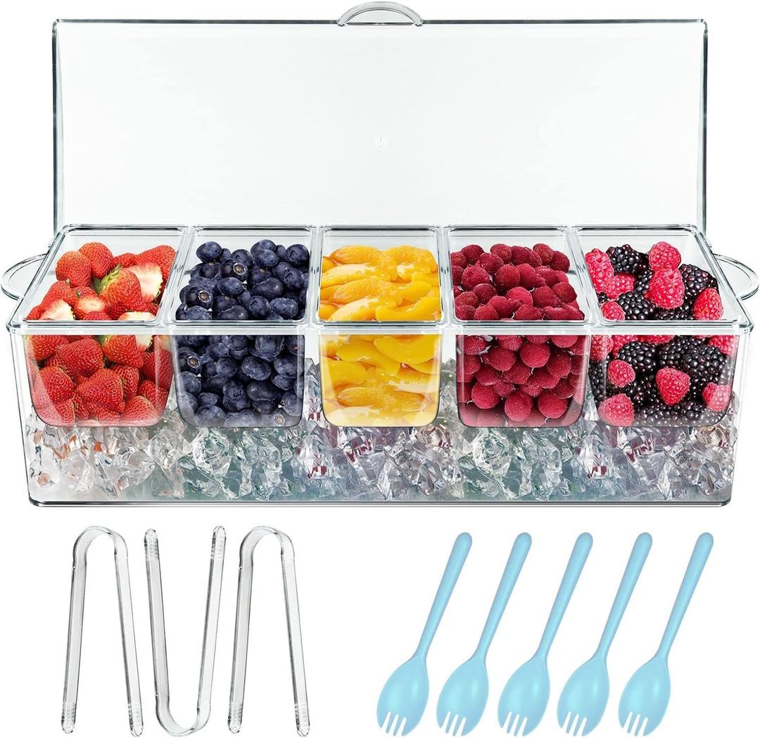 INNOVATIVE LIFE Bar Serving Tray on Ice with 5 Compartments Container, Fruit Trays for Serving, Garnish Platters with Lid, Clear