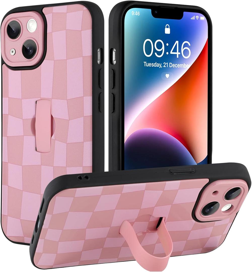 SOKAD for iPhone 14 Case with Finger Strap Kickstand, Cute Checkered Checkerboard Phone Case with Finger Hand for Women Men, Slim Full Camera Protection Shockproof Case Cover, Pink