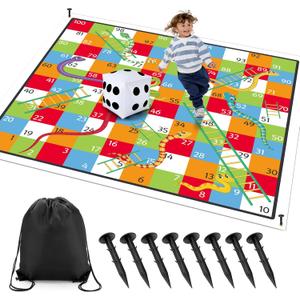 Realspring 9.8 ft Giant Snakes and Ladders Game Playing Mat with 6 Nails 14 Inch Inflatable Dice and Storage Bag Floor Snake and Ladder Board Game Big Size for Both Indoor and Outside