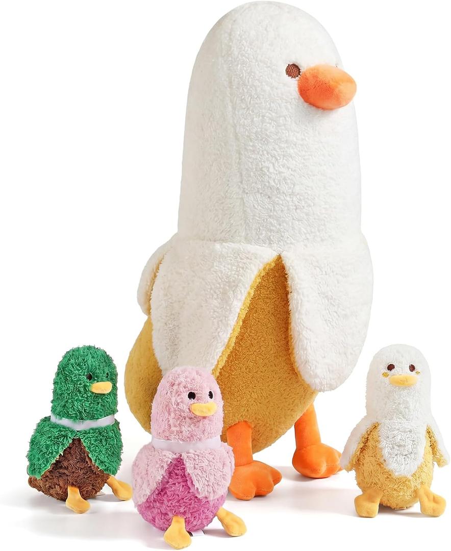 PEACH CAT Banana Duck Plush 1 Mommy 19.7" Banana Duck Stuffed Animal with 3 Cute Babies Inside, 4 Pieces Plushies Toy Set Gifts for Girls and Boys