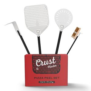 CrustMaster Pizza Peel Set - 12x14" Rectangular Peel, 9" Round Turning Peel, Brass Brush, Ash Rake - Perfect Pizza Oven Accessories for Ovens & BBQ - Pizza Pan - Aluminum & Stainless Steel Tools