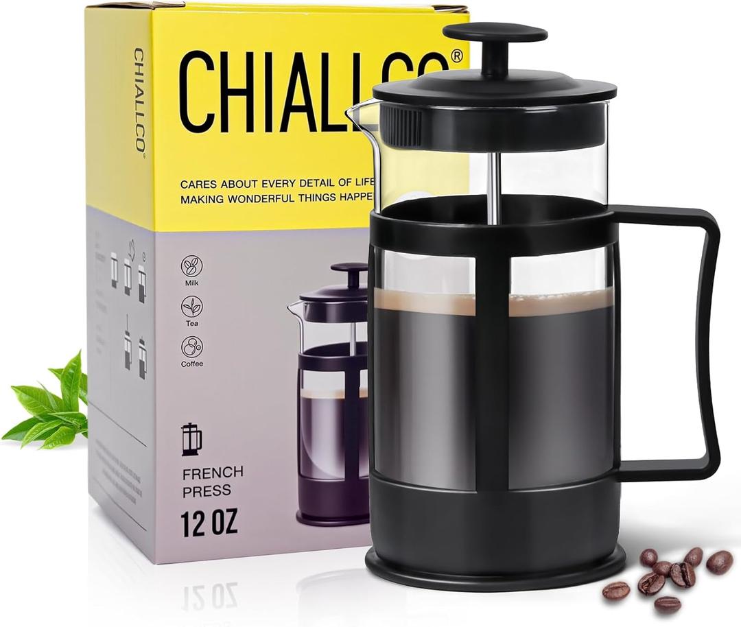 Chiallco Mini French Press Coffee Maker, Heat Resistant Thickened Borosilicate Classic Glass Stainless Steel Coffee Press, 12OZ Heat Cold Brew Coffee Pot Tea Press for Kitchen Travel CampingBlack