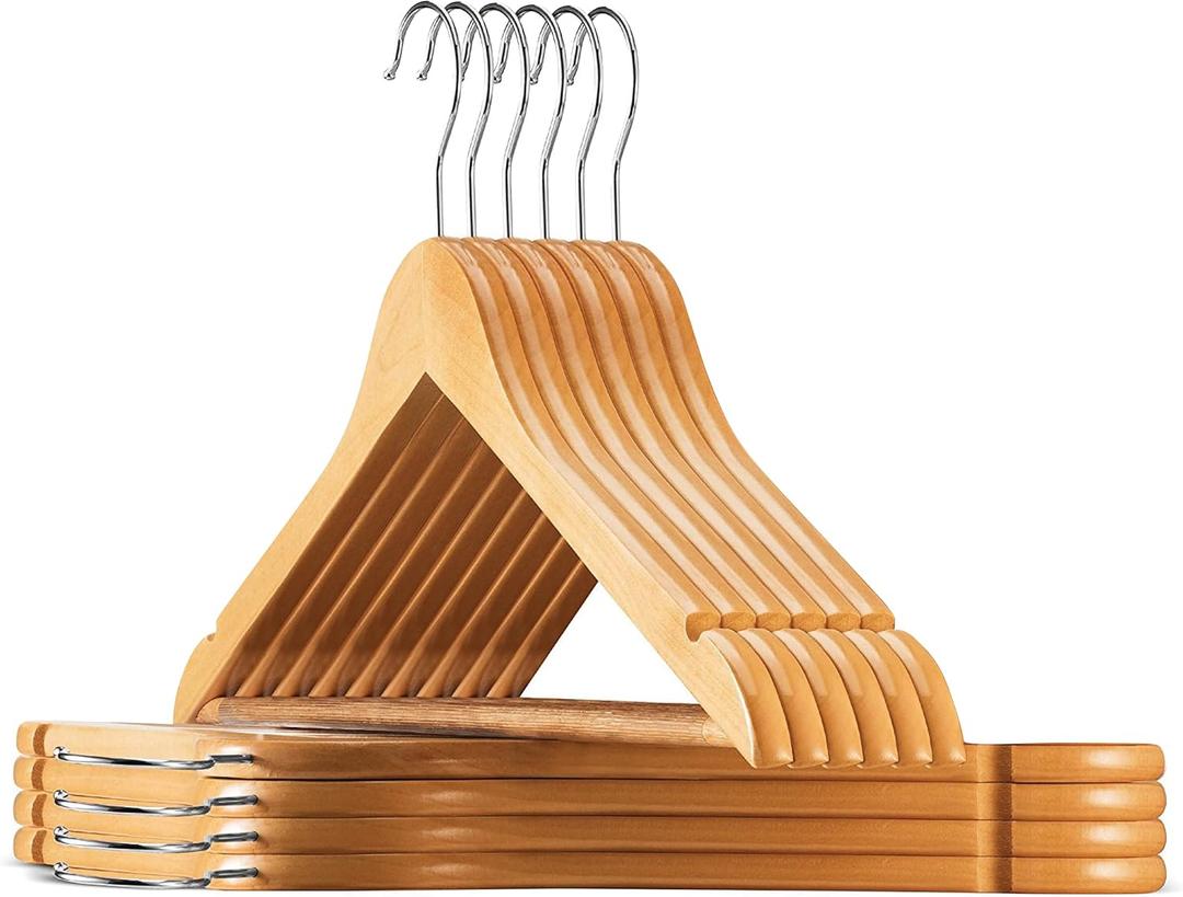  30 Pack, Heavy Duty, Non Slip Wooden Hangers for Coats, Jackets, Suits, & Pants - Clothes Hangers for Closet W/ Bar and Notches (Natural)