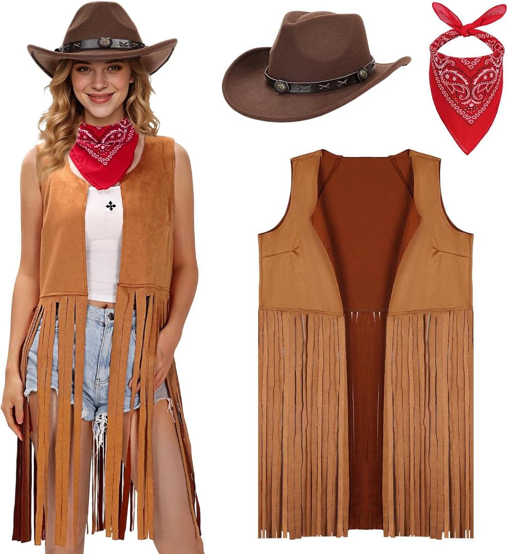 Ultrafun Western Outfit for Women Cowgirl Tassel Sleeveless Vest Cowboy Hat Paisley Bandana Halloween Costumes (Medium, Brown)