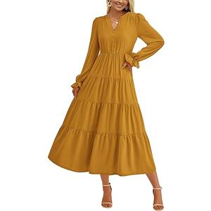 PRETTYGARDEN Long Sleeve Dress for Women Fall V Neck Tiered A Line Spring Elegant Modest Flowy Wedding Guest Maxi Dresses (Brown Yellow,XX-Large)