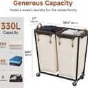 StorageWorks 2 Section Laundry Hamper, 330L Extra Large Beige Rolling Cart