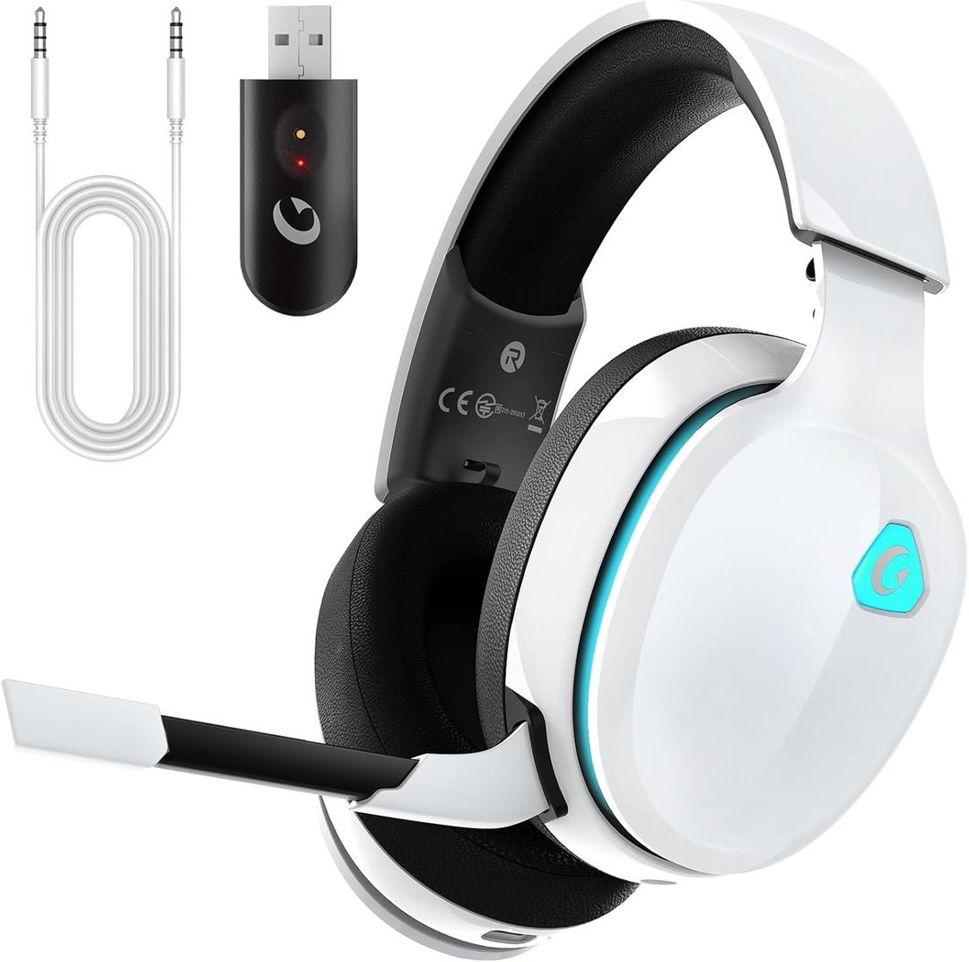 Gaming Headset Wireless 2.4GHz for PS5, PS4 Fortnite/Call of Duty/FPS Gamers, PC, Switch, Bluetooth 5.3 Gaming Headphones with ENC Microphone, Surround Sound, 40+H Battery (White)