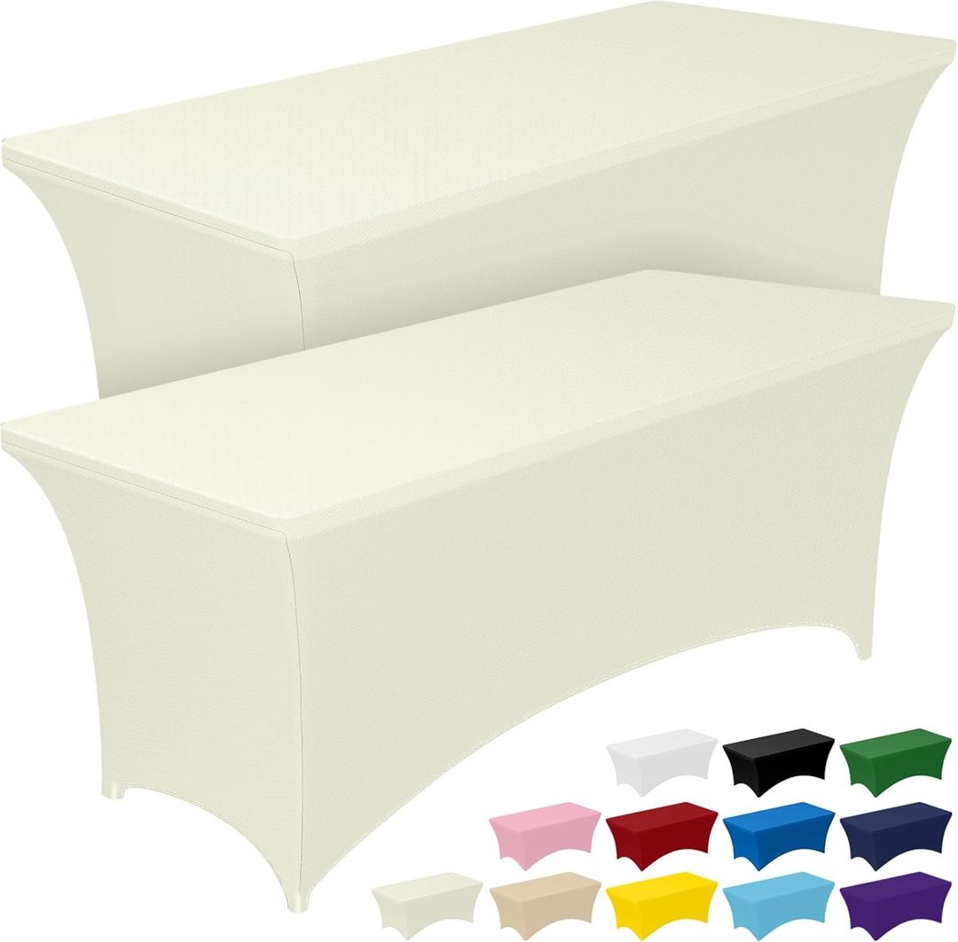 Pureegg Spandex Tablecloth 6ft - 2 Pack, Fitted and Tight Cloth for Rectangle Table, Wrinkle-Free and Stretch Table Cover for Party, Wedding, Banquet and Birthday, Ice Cream, Ivory