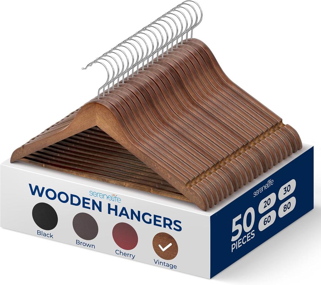 SereneLife Wooden Hangers 50 Pieces Heavy Duty Vintage Finish Clothes Hanger Set with 360 Swivel Hook Non Slip Notches Pants Bar Elegant Space Saving Wardrobe for Closet Organization
