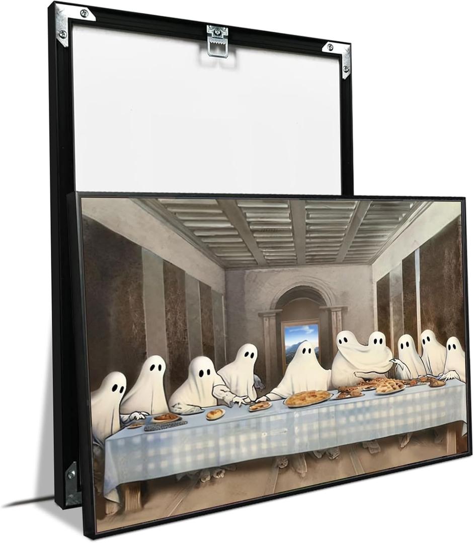 XWNLTEPK Halloween Canvas Art Poster Spectral Last Supper Wall Art Ghostly Figures Banquet Table Dining Hall Archway Panoramic Mountain View Wall Painting for Living Room Bedroom Festive Decor (8x12in Black Framed, A09)