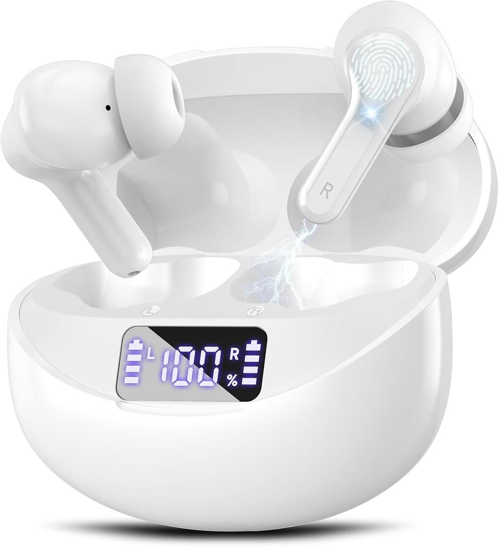 Wireless Earbuds Bluetooth 5.4 Headphones, Noise Cancelling Mic Ear Buds with 50H Playback, LED Digital Display, lPX7 Waterproof Earphones for Office/Running/Workout (White)