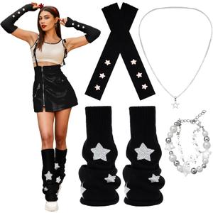 4 Pcs Y2k Star Leg Warmers for Girls Arm Warmers Streetwear Set Include Star Necklace Silver Bracelet Y2k Accessories Kawaii Gyaru Aesthetic Harajuku Jewelry Accessories for Girl Women (Black)