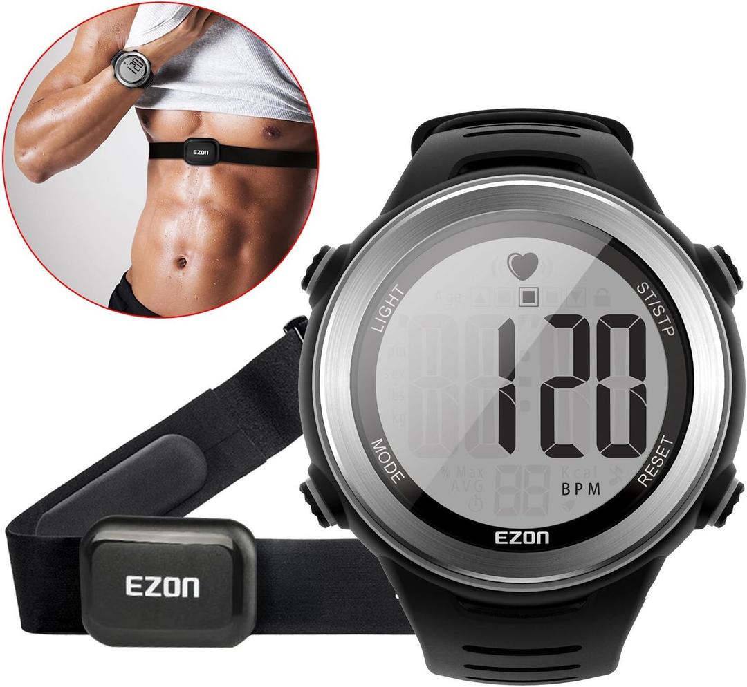 EZON Heart Rate Monitor and Chest Strap, Exercise Heart Rate Monitor, Sports Watch with HRM, Waterproof, Stopwatch, Hourly Chime T007 (Steel Silver)