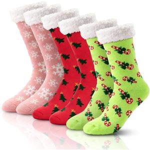 WAKOSAN Christmas Warm Fuzzy Slipper Socks for Women,Winter Fluffy Warm Indoor Socks,Free Size3 Pairs (7.5, Colorful)