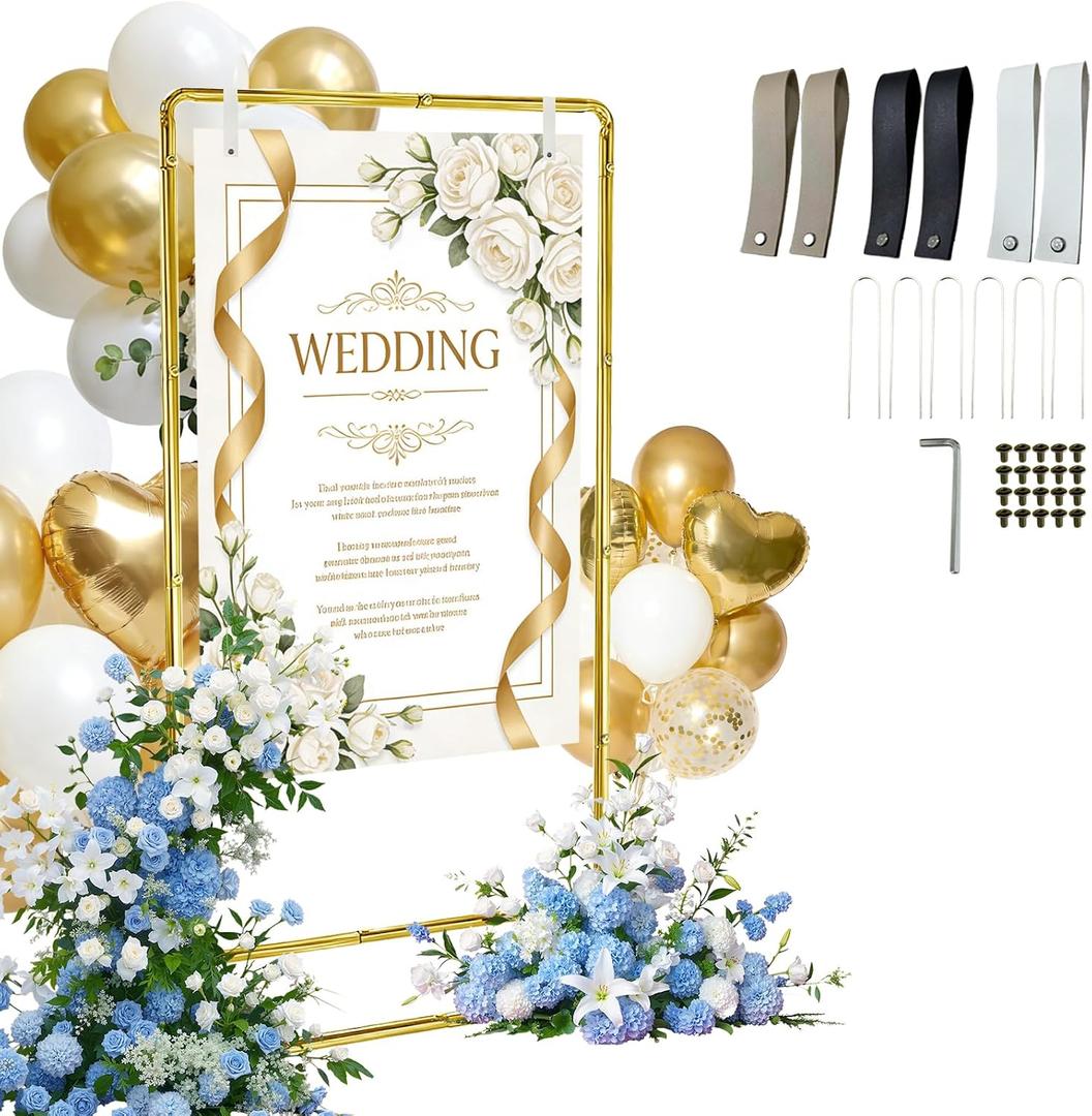 Wedding Welcome Sign Stand, Adjustable Linen Welcome to Our Wedding Sign Holder, Elegant Welcome Sign Easel with Hanging Straps for Seating Chart, Banner, Ceremony Decor (Gold, 54"-69")