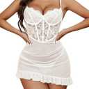 Avidlove Sexy Lingerie for Women Lace Babydoll Dress with Underwire Support Ruffle Hem Hip Chemise Nightgown Size XL, White