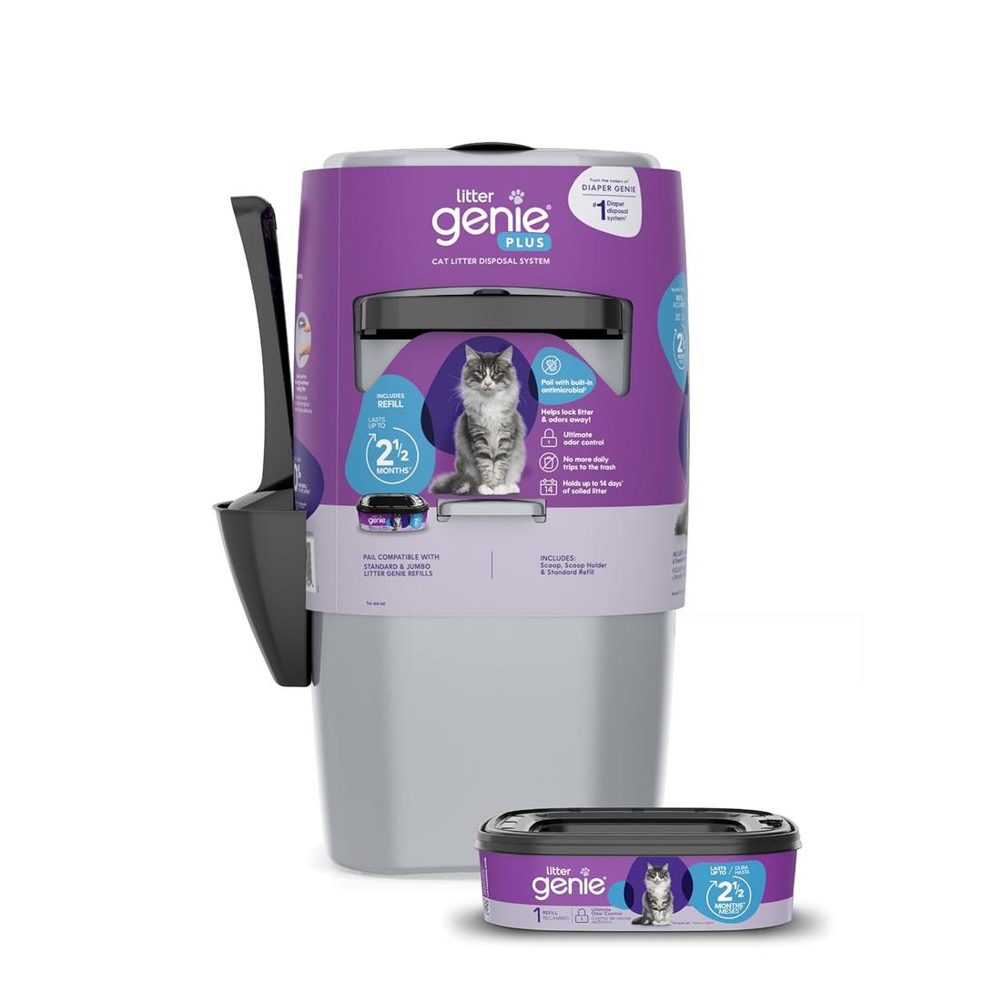 Litter Genie Plus Pail (Silver) | Cat Litter Box Waste Disposal System for Odor Control | Includes 1 Square Refill Bag no scoop included