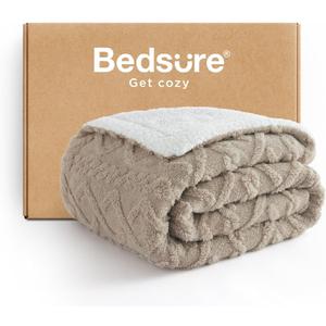 Bedsure Sherpa Fleece Throw Blanket for Couch - Soft Fluffy & Cozy Cable Jacquard Tufted Throw Blankets for Women Gift, Thick Warm Blanket for Winter and All Seasons, Beige and Brown