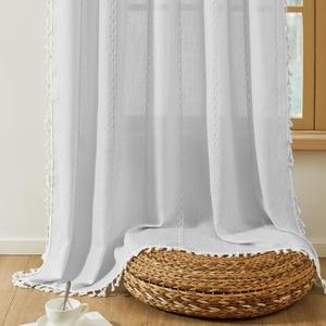 Setaback Boho Curtains 96 Inches Long with Tassels Natural Style, Semi Sheer Linen Light Filtering Rod Pocket for Windows Protect Privacy Patio Decor Backdrops, 52" W x 96" L, Blue, 2 Panels