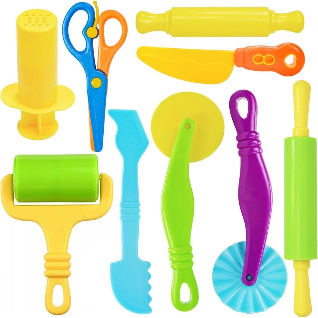 Dough Tools Set for Kids, 9 Pcs Dough Tools Sets for Kids Ages 4-8, Includes Cutters Roller, Rolling Pins, Safety Scissors, Plastic Knife (color01)