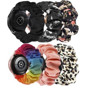 TOYOUTHS 20mm Scrunchie Elastic Stretchy Band Compatible with Samsung Galaxy Watch7/ 6/5/4 40&44mm/Classic 6 43&47mm/Watch 5 Pro 45mm/Active 2 40&44mm/Watch 4 Classic 42&46mm/Watch 3 41mm, 6 Packs S (Black/Leopard/Pink/Rainbow/Red/Grey)