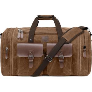 Waxed Canvas Duffle Bag for Men 50L Travel Duffel Bags Expandable Genuine Leather Duffel Overnight Weekender Carry On Bag Two Zipper Pockets Travel Bag (Vintage Dark Brown, Large-50L)