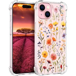 Compatible with iPhone 15 Plus Case Designer Cute Clear for Women,Cool Transparent Silicone Phone Cases Cover - Yellow Wild Flowers Plants