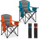 2 Pack Padded Oversized Camping Chairs for Adults,Heavy Duty Support 400 Lbs,Folding Portable Lawn Chair w/Cup Holder,Cooler Bag,Side Pocket,Perfect for Outdoor Picnic,Hiking(Orange&Blue)