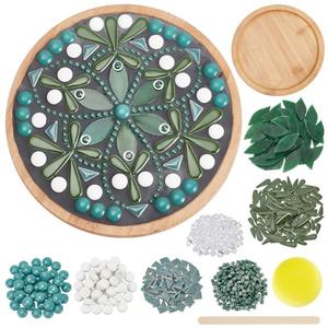 WEBEEDY DIY Ceramic Mosaic Kit Flower Mosaic Bamboo Coasters Kits for Adults Beginner Green Glass Mosaics Tiles with Bamboo Coaster Base for Handmade Mosaics Coaster Home Summer Decor