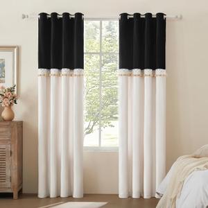 Boho Curtains for Living Room 96 Inches Long Dark Grey Ivory 1 Panels Set Farmhouse Window Treatments Curtain Blackout Drapes Lace Pom Pom Embroidered Velvet Curtains