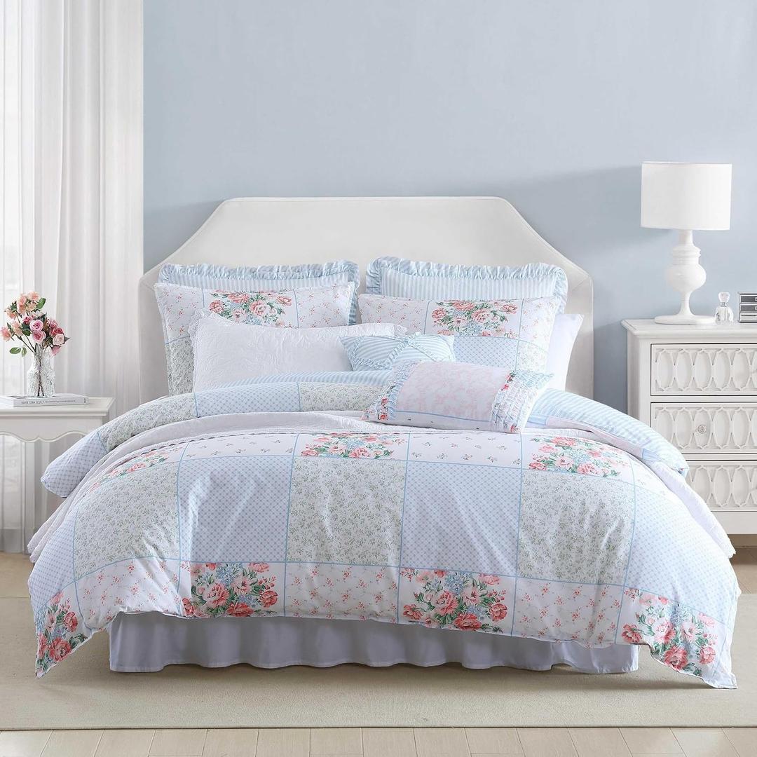 Laura Ashley - Queen Comforter Set, Soft Cotton Bedding with a Medium Weight 7 Piece Bed Set with Matching Pillowcases, Euro Shams & Bonus Throw Pillow Covers (Hope Patchwork Blue)
