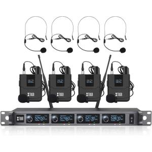 XTUGA A140 Wireless Microphone System, 4-Channel UHF Cordless Mic Set with Four BodyPack Mics, All Metal Build, Fixed Frequency, Long Range 300ft, Ideal for Church,Karaoke (4 BodyPack)