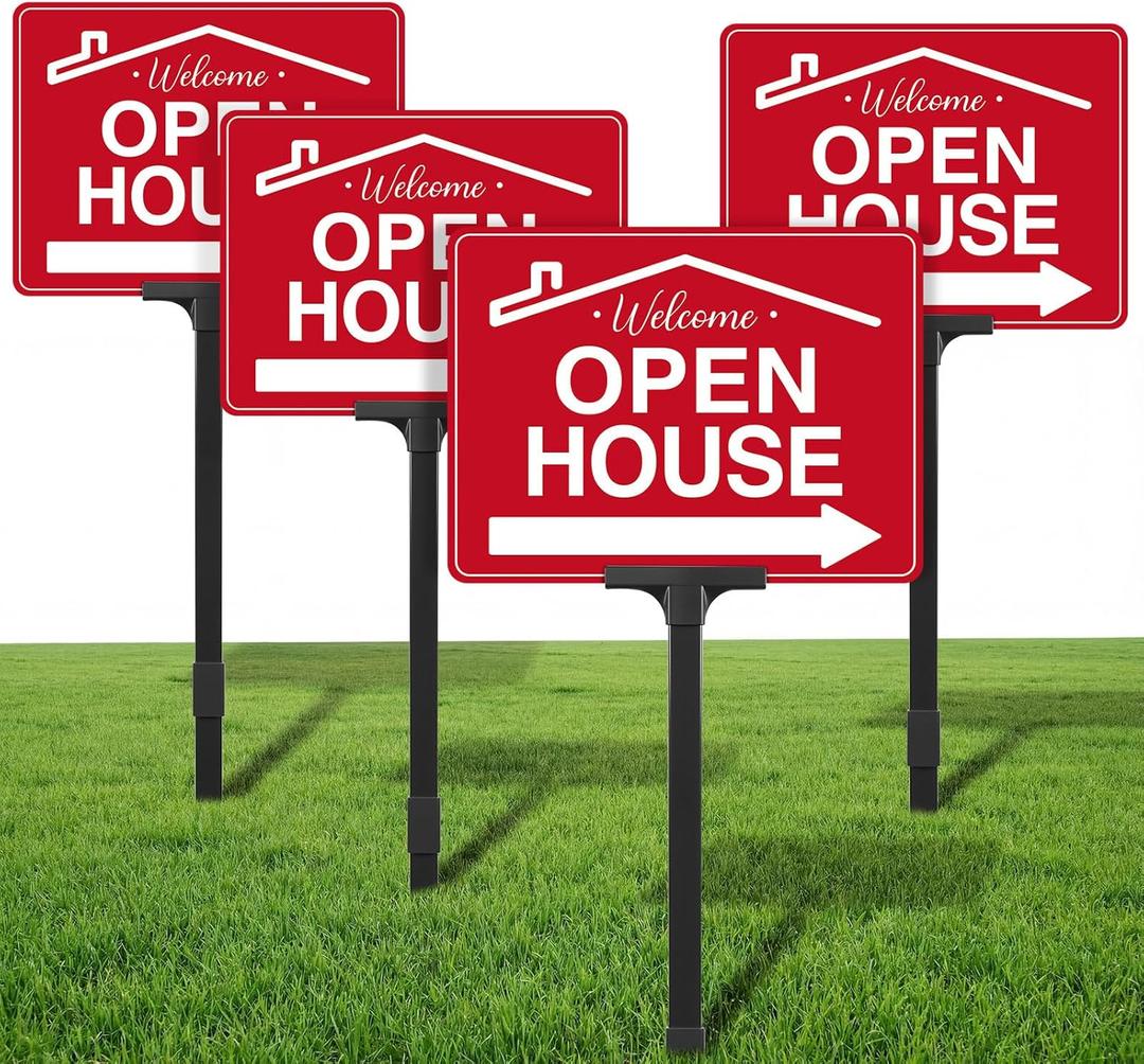 4 Pack Open House Signs for Real Estate Double-Sided Aluminum Yard Signs 15.7" x11.8" with Adjustable 32" Plastic Stakes UV Ink Outdoor Metal Yard Directional Arrows Agent Supplies (Red)