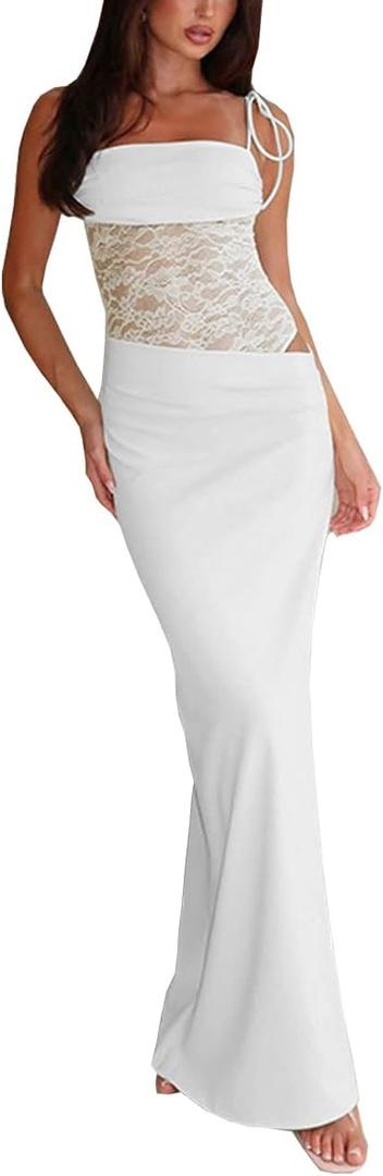 Women Sexy Lace Patchwork Maxi Dress Spaghetti Straps Y2K Sheer Long Bodycon Club Cocktail Long Dresses M
