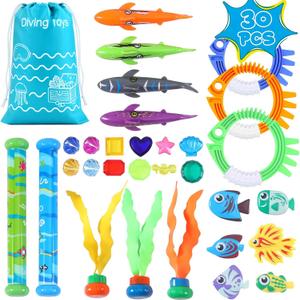 30 Packs Summer Pool Diving Swimming Essentials Toys for Kids, Fun Swim Games Sinking Set, Underwater Dive Gifts with Storage Bag Include Torpedo Gems Shark Rings Sea Animals for Boys Girls Toddlers