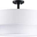 4 Light Off White Double Drum Fabric Shade Semi Flush Mount Ceiling Light,Close to Ceiling Light Fixture Black Finish,18 inch Semi Flush Drum Light for Bedroom,Living Room,Dining Room Hallway