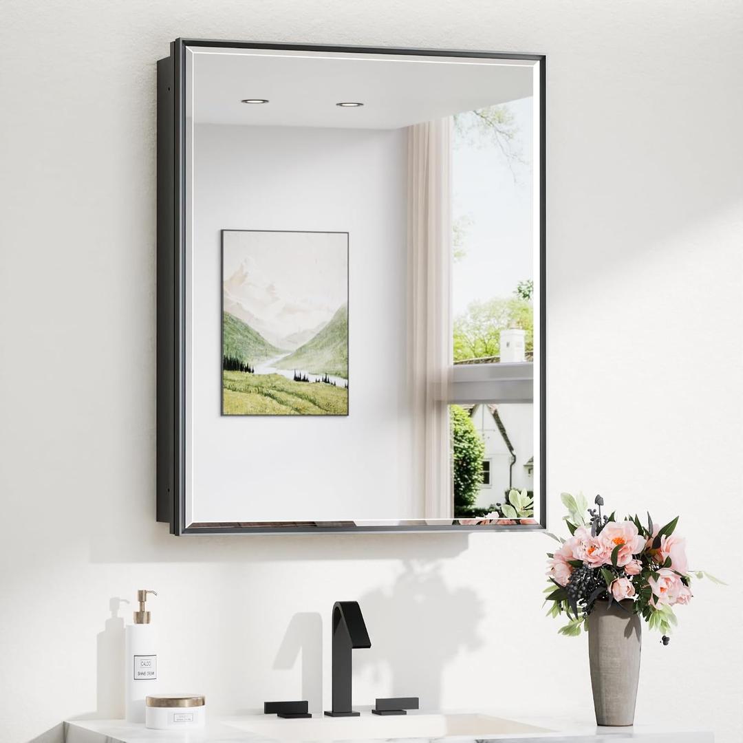 TokeShimi 24x30 Recessed Medicine Cabinet with Mirror Wall Mounted, Metal Beveled Mirror with Storage for Bathroom Vanity, Aluminum Alloy Medicine Cabinet Mirrored Black