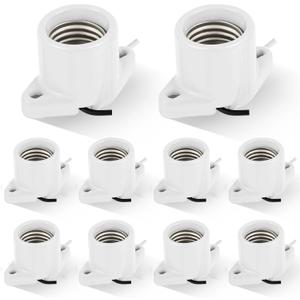 10 Pcs E26 Light Socket Porcelain Lamp Holder Socket Medium Keyless Threaded Base with Two Hole Flange Mounting and 6" Wire Indoor Garage Closet Lighting