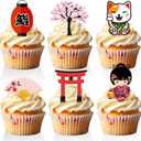 18 PCS Japanese Cupcake Toppers for Boys Girls Adult Kokeshi Folding Fan Cherry Blossom Cake Topper Sushi Japanese Birthday Party Decorations Supplies