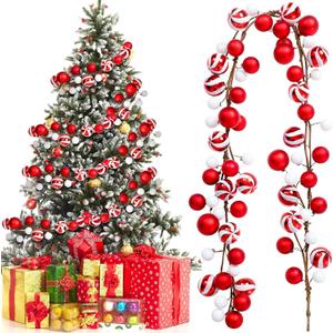 Jutom 6Ft Christmas Ball Garland Ornament Bauble Christmas Tree Bulb Shatterproof Garland Decoration Red White Candy Color Shining Holiday Xmas Mantel Stair Doorway Hanging Indoor Outdoor Festival